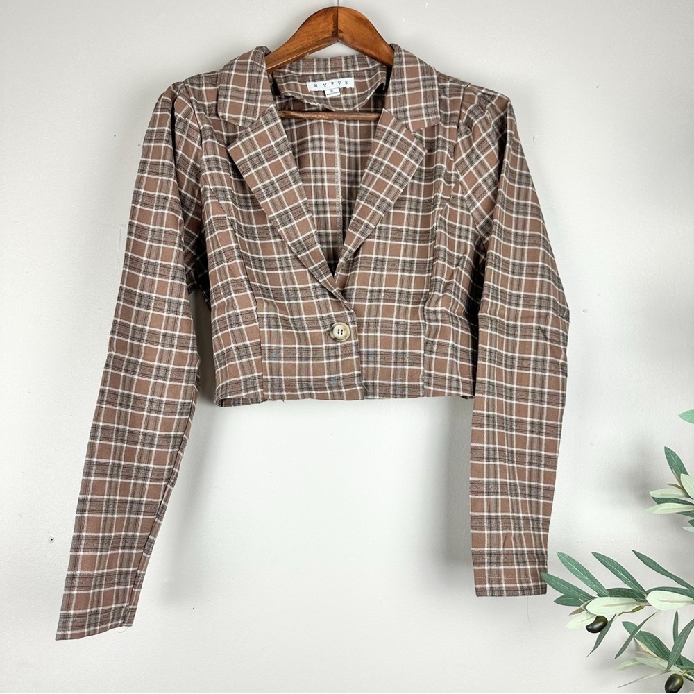 Women Casual Lapel Plaid Pattern Brown Long Sleeve Crop Short Blazer - Picture 5 of 10